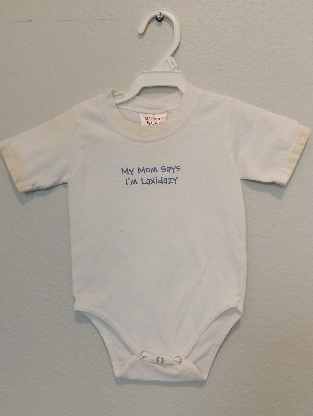 Hanes White Baby Bodysuit with Blue Text 6 Months